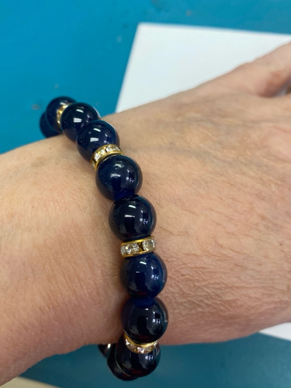 Classic Dark Blue Beaded Bracelet with Gold-Rhinestone Accents
